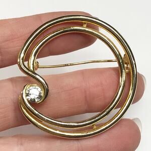 Vintage M Lent Double Ring Clear Rhinestone Abstract Circle Curved Brooch